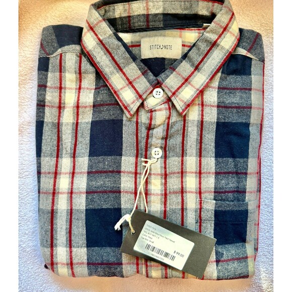 STITCH NOTE Men's Plaid Cotton Flannel Long Sleeve Shirt - Navy/Gray - Small $99 - Picture 1 of 4